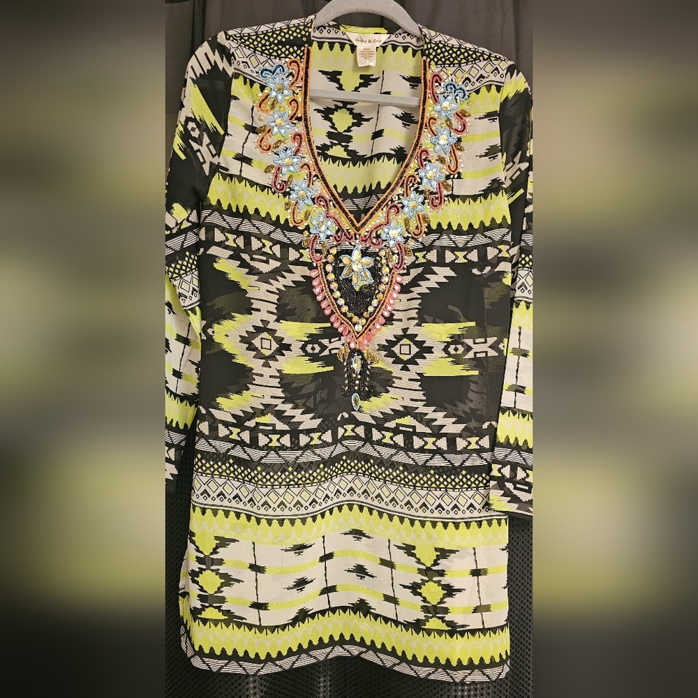 LUCKY COCO WOMEN MULTICOLOR AZTEC BEADED INDIAN DRESS 100% POLY SIZE MEDIUM USED